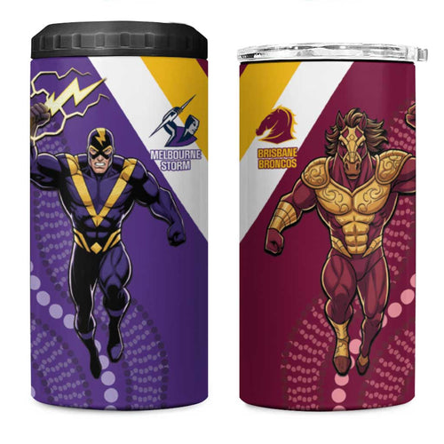 Storm And Broncos Rugby Custom 4 in 1 Can Cooler Tumbler Melbourne Brisbane Final Together Mascots Style - Aussie Hoodie