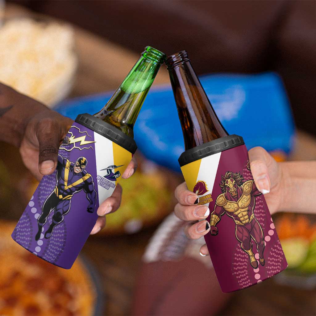 Storm And Broncos Rugby Custom 4 in 1 Can Cooler Tumbler Melbourne Brisbane Final Together Mascots Style - Aussie Hoodie