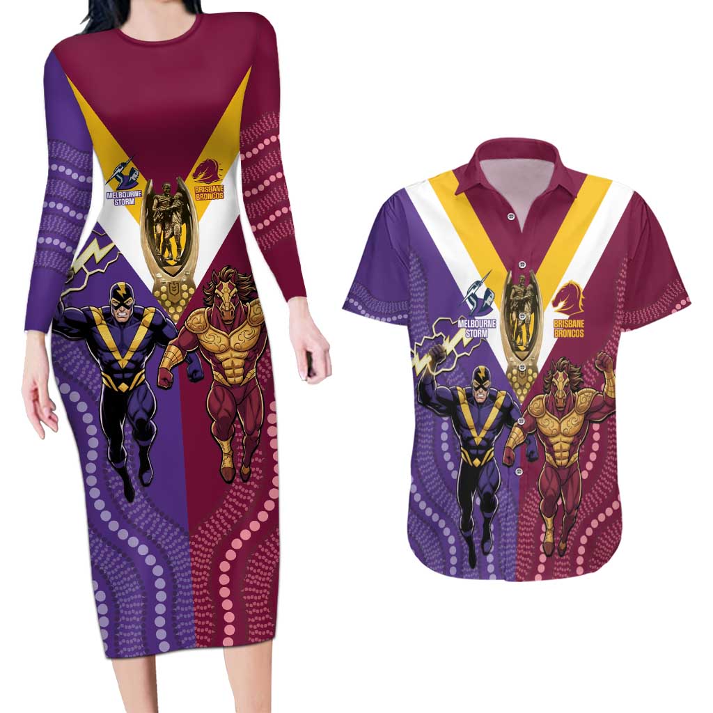 Storm And Broncos Rugby Custom Couples Matching Long Sleeve Bodycon Dress and Hawaiian Shirt Melbourne Brisbane Final Together Mascots Style - Aussie Hoodie
