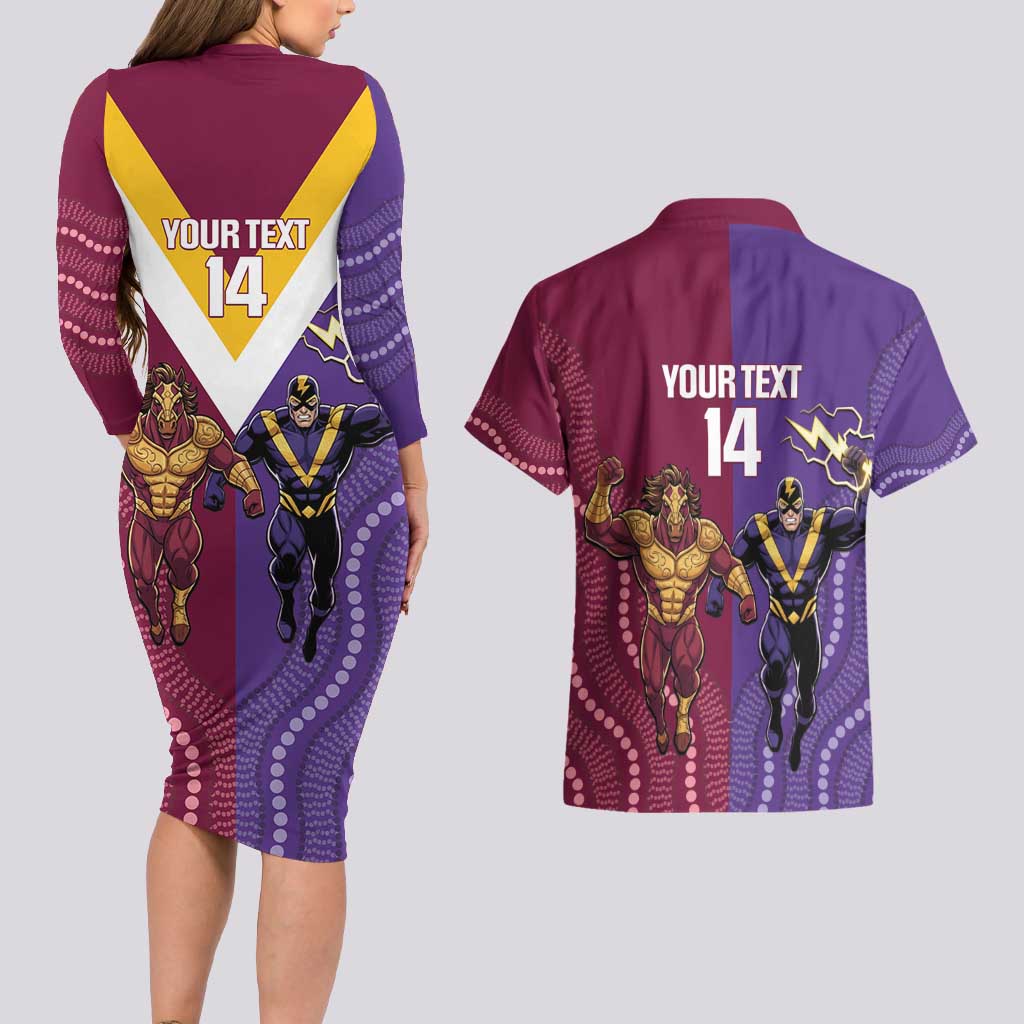 Storm And Broncos Rugby Custom Couples Matching Long Sleeve Bodycon Dress and Hawaiian Shirt Melbourne Brisbane Final Together Mascots Style - Aussie Hoodie