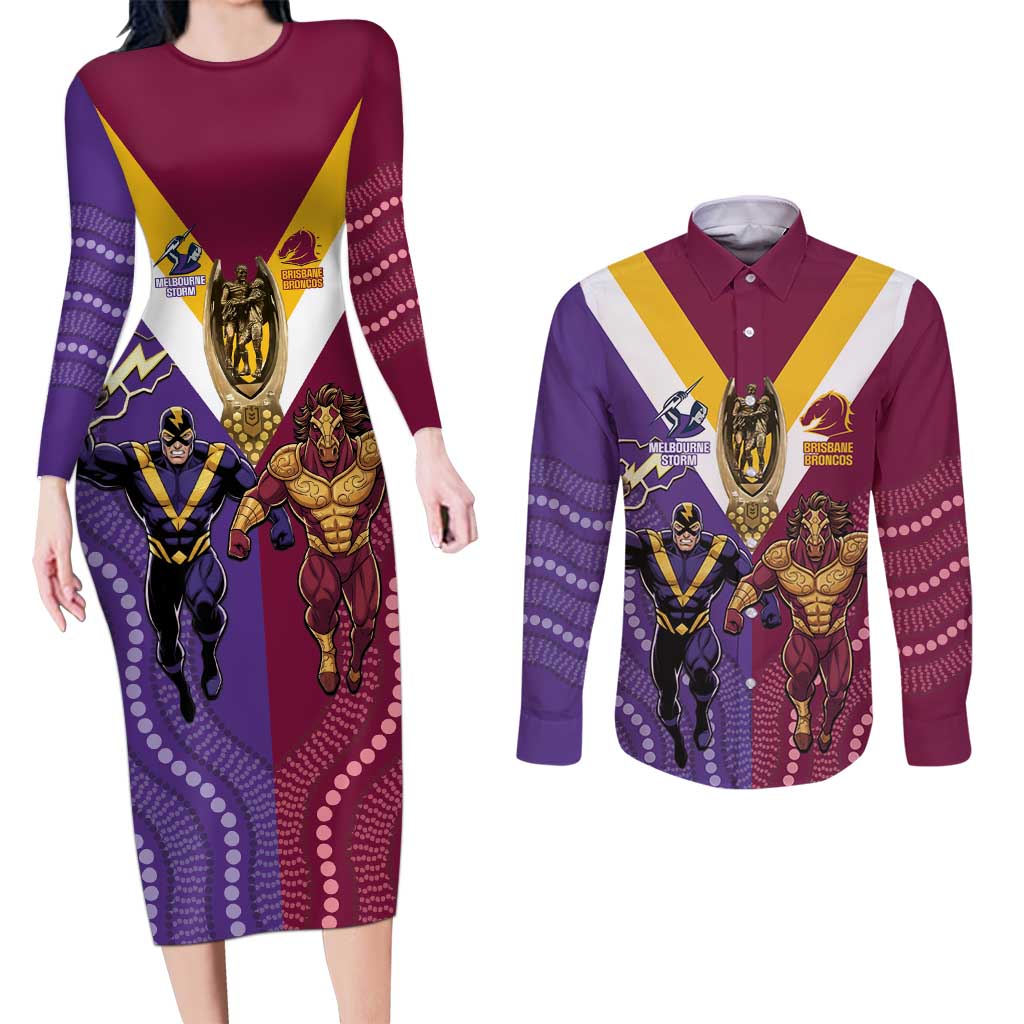 Storm And Broncos Rugby Custom Couples Matching Long Sleeve Bodycon Dress and Long Sleeve Button Shirt Melbourne Brisbane Final Together Mascots Style - Aussie Hoodie
