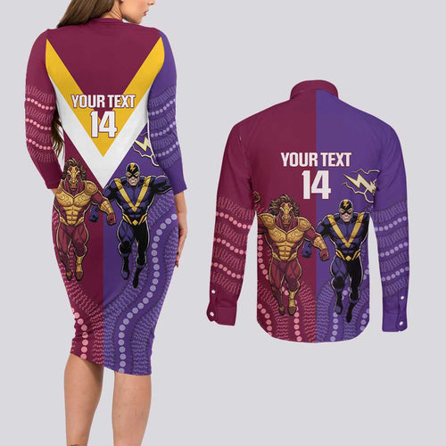 Storm And Broncos Rugby Custom Couples Matching Long Sleeve Bodycon Dress and Long Sleeve Button Shirt Melbourne Brisbane Final Together Mascots Style - Aussie Hoodie