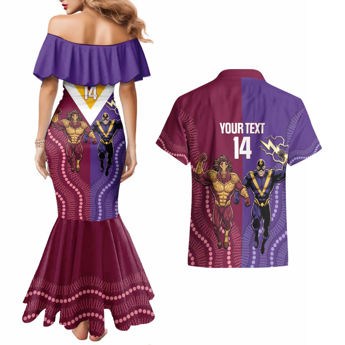 Storm And Broncos Rugby Custom Couples Matching Mermaid Dress and Hawaiian Shirt Melbourne Brisbane Final Together Mascots Style - Aussie Hoodie