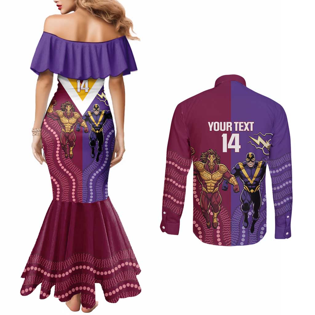 Storm And Broncos Rugby Custom Couples Matching Mermaid Dress and Long Sleeve Button Shirt Melbourne Brisbane Final Together Mascots Style - Aussie Hoodie
