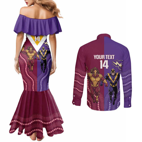 Storm And Broncos Rugby Custom Couples Matching Mermaid Dress and Long Sleeve Button Shirt Melbourne Brisbane Final Together Mascots Style - Aussie Hoodie