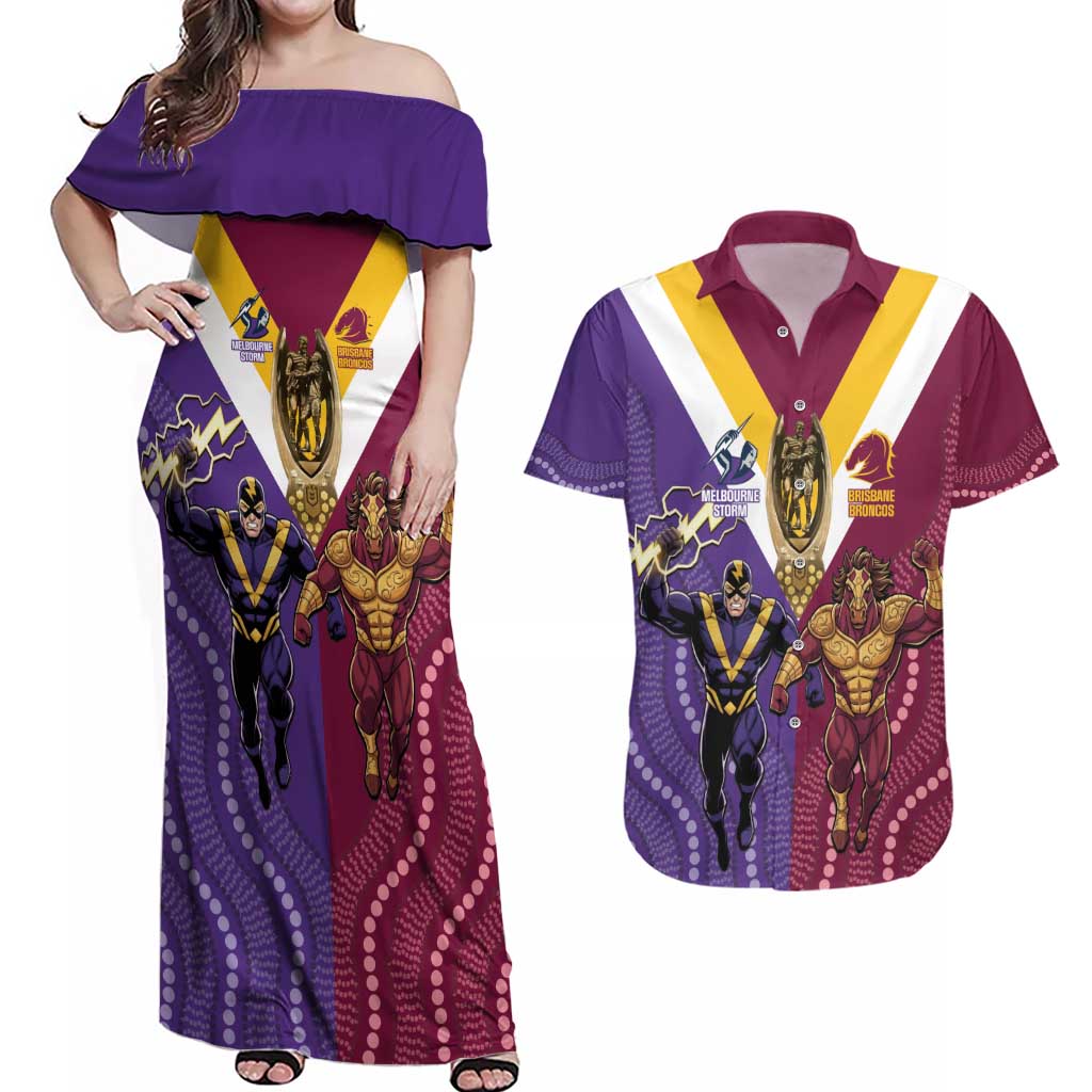 Storm And Broncos Rugby Custom Couples Matching Off Shoulder Maxi Dress and Hawaiian Shirt Melbourne Brisbane Final Together Mascots Style - Aussie Hoodie