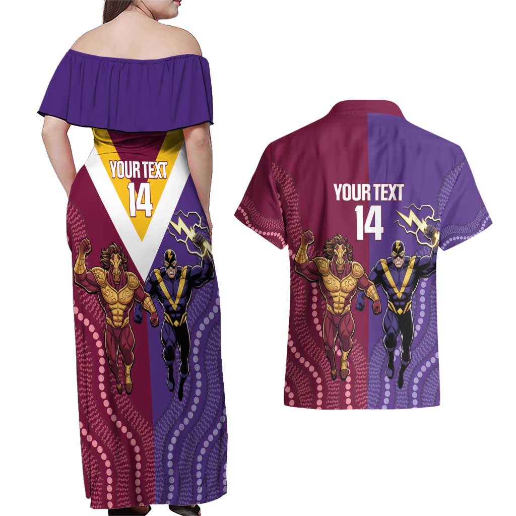 Storm And Broncos Rugby Custom Couples Matching Off Shoulder Maxi Dress and Hawaiian Shirt Melbourne Brisbane Final Together Mascots Style - Aussie Hoodie