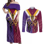 Storm And Broncos Rugby Custom Couples Matching Off Shoulder Maxi Dress and Long Sleeve Button Shirt Melbourne Brisbane Final Together Mascots Style - Aussie Hoodie