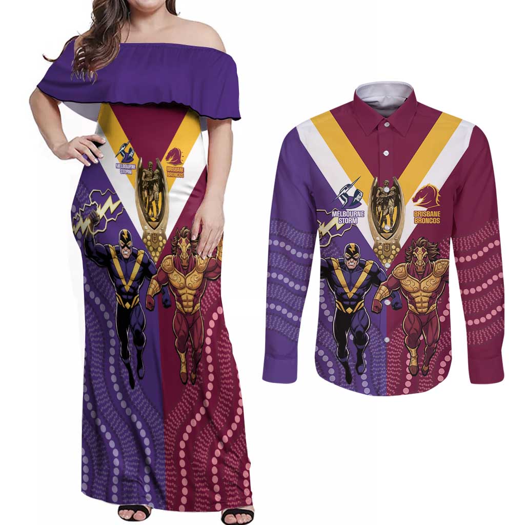 Storm And Broncos Rugby Custom Couples Matching Off Shoulder Maxi Dress and Long Sleeve Button Shirt Melbourne Brisbane Final Together Mascots Style - Aussie Hoodie