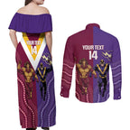 Storm And Broncos Rugby Custom Couples Matching Off Shoulder Maxi Dress and Long Sleeve Button Shirt Melbourne Brisbane Final Together Mascots Style - Aussie Hoodie