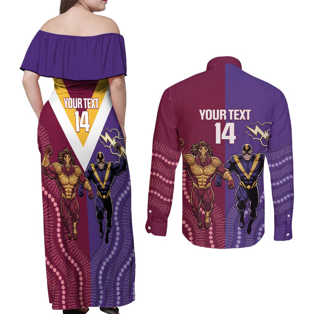 Storm And Broncos Rugby Custom Couples Matching Off Shoulder Maxi Dress and Long Sleeve Button Shirt Melbourne Brisbane Final Together Mascots Style - Aussie Hoodie