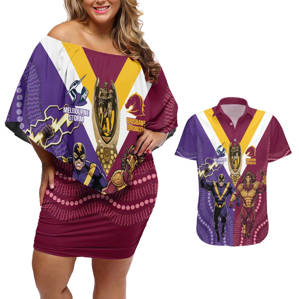 Storm And Broncos Rugby Custom Couples Matching Off Shoulder Short Dress and Hawaiian Shirt Melbourne Brisbane Final Together Mascots Style - Aussie Hoodie