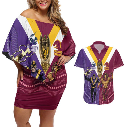 Storm And Broncos Rugby Custom Couples Matching Off Shoulder Short Dress and Hawaiian Shirt Melbourne Brisbane Final Together Mascots Style - Aussie Hoodie