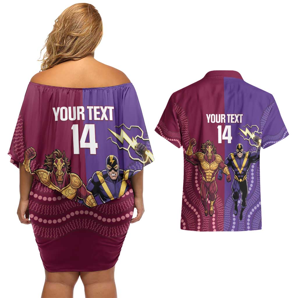 Storm And Broncos Rugby Custom Couples Matching Off Shoulder Short Dress and Hawaiian Shirt Melbourne Brisbane Final Together Mascots Style - Aussie Hoodie