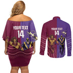 Storm And Broncos Rugby Custom Couples Matching Off Shoulder Short Dress and Long Sleeve Button Shirt Melbourne Brisbane Final Together Mascots Style - Aussie Hoodie