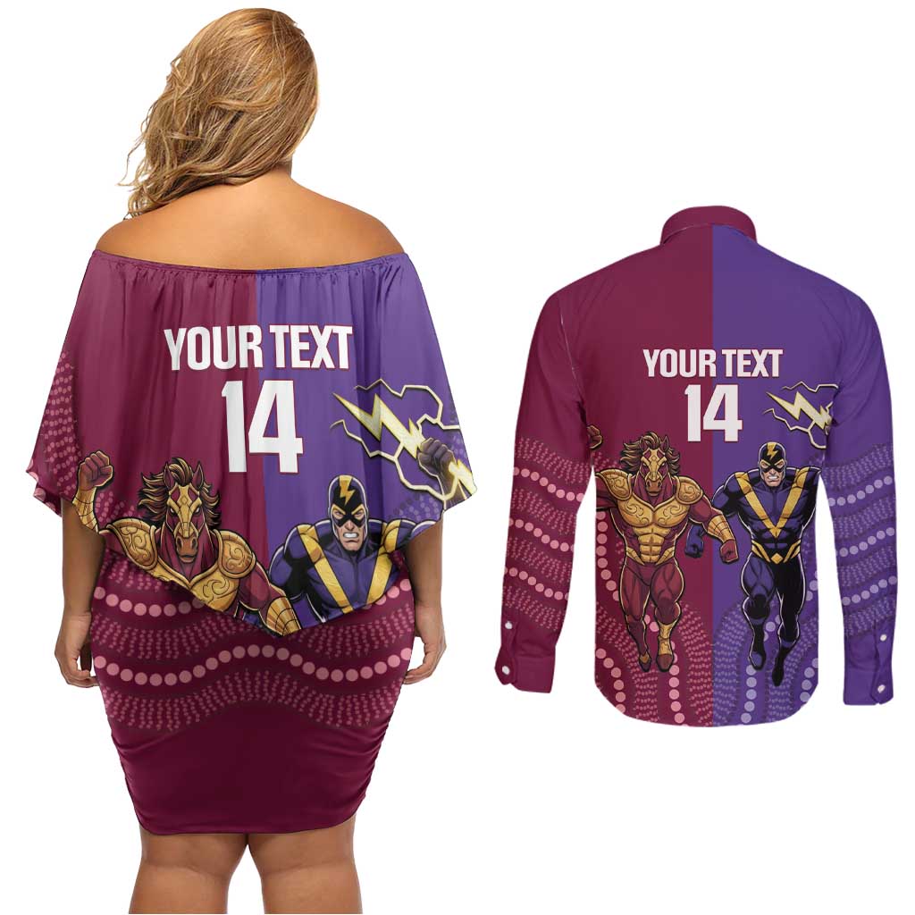 Storm And Broncos Rugby Custom Couples Matching Off Shoulder Short Dress and Long Sleeve Button Shirt Melbourne Brisbane Final Together Mascots Style - Aussie Hoodie