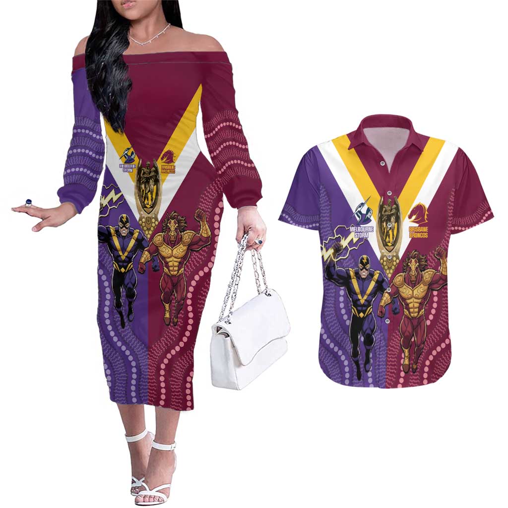 Storm And Broncos Rugby Custom Couples Matching Off The Shoulder Long Sleeve Dress and Hawaiian Shirt Melbourne Brisbane Final Together Mascots Style - Aussie Hoodie