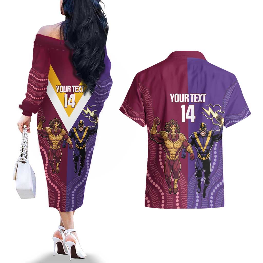 Storm And Broncos Rugby Custom Couples Matching Off The Shoulder Long Sleeve Dress and Hawaiian Shirt Melbourne Brisbane Final Together Mascots Style - Aussie Hoodie