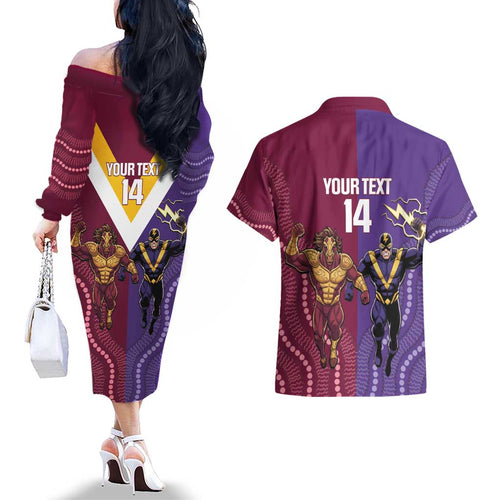 Storm And Broncos Rugby Custom Couples Matching Off The Shoulder Long Sleeve Dress and Hawaiian Shirt Melbourne Brisbane Final Together Mascots Style - Aussie Hoodie