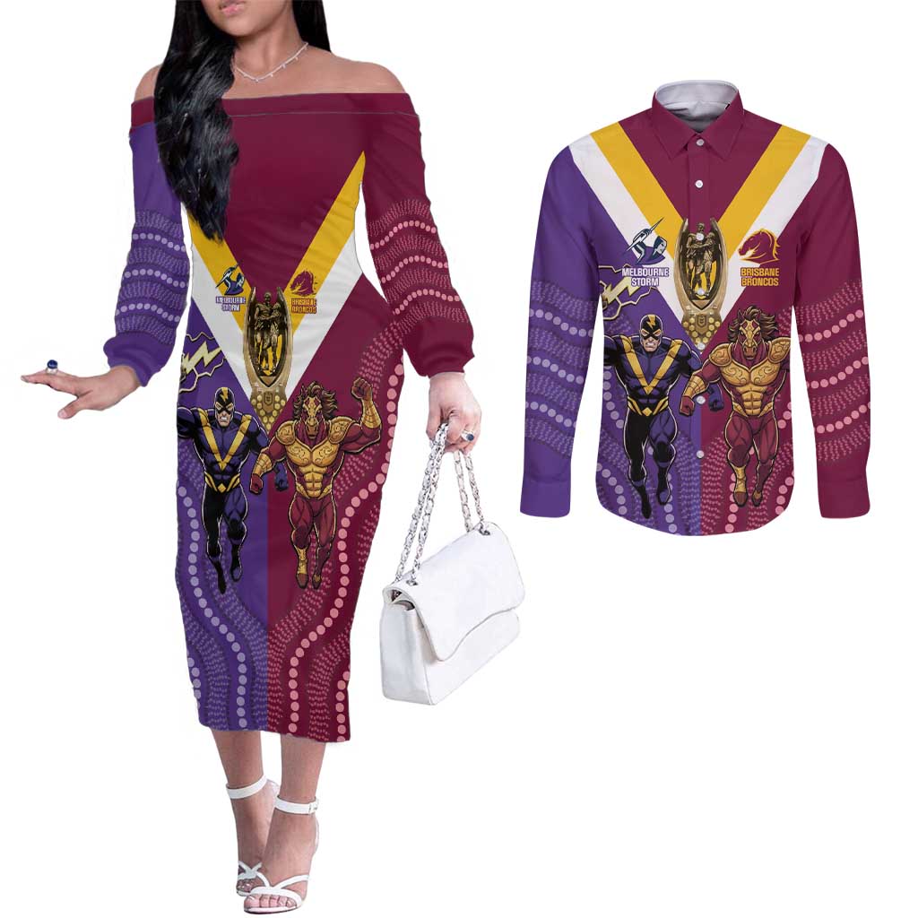Storm And Broncos Rugby Custom Couples Matching Off The Shoulder Long Sleeve Dress and Long Sleeve Button Shirt Melbourne Brisbane Final Together Mascots Style - Aussie Hoodie