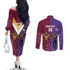 Storm And Broncos Rugby Custom Couples Matching Off The Shoulder Long Sleeve Dress and Long Sleeve Button Shirt Melbourne Brisbane Final Together Mascots Style - Aussie Hoodie