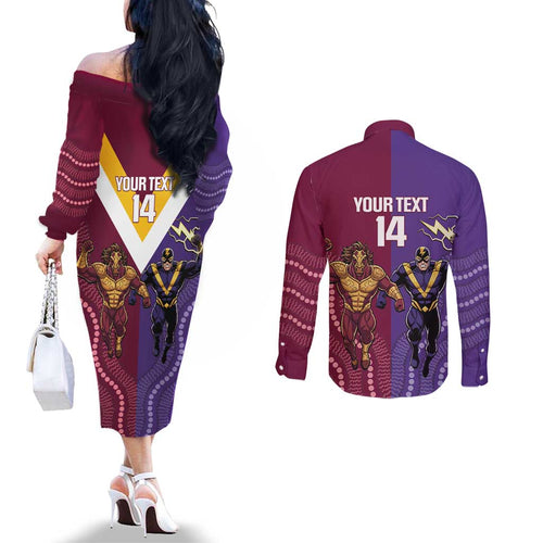 Storm And Broncos Rugby Custom Couples Matching Off The Shoulder Long Sleeve Dress and Long Sleeve Button Shirt Melbourne Brisbane Final Together Mascots Style - Aussie Hoodie