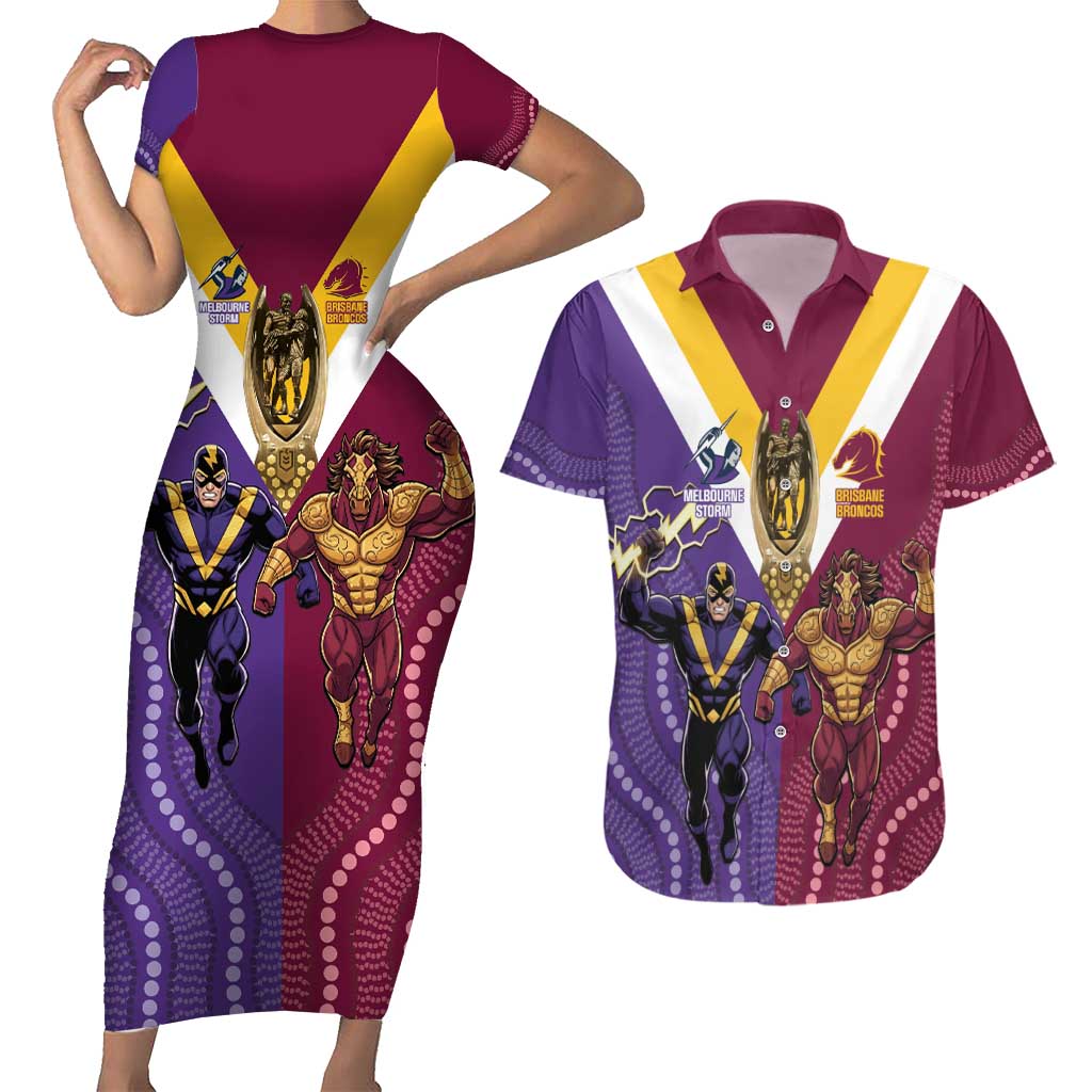 Storm And Broncos Rugby Custom Couples Matching Short Sleeve Bodycon Dress and Hawaiian Shirt Melbourne Brisbane Final Together Mascots Style - Aussie Hoodie