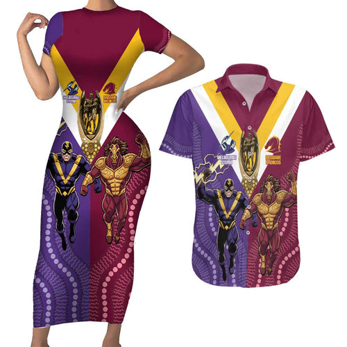 Storm And Broncos Rugby Custom Couples Matching Short Sleeve Bodycon Dress and Hawaiian Shirt Melbourne Brisbane Final Together Mascots Style - Aussie Hoodie