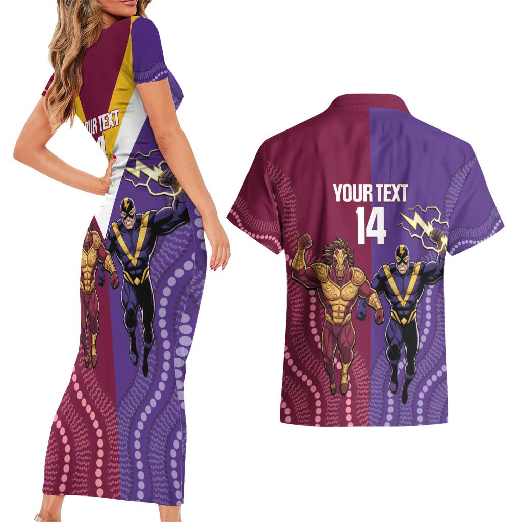 Storm And Broncos Rugby Custom Couples Matching Short Sleeve Bodycon Dress and Hawaiian Shirt Melbourne Brisbane Final Together Mascots Style - Aussie Hoodie