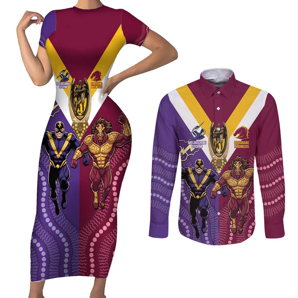 Storm And Broncos Rugby Custom Couples Matching Short Sleeve Bodycon Dress and Long Sleeve Button Shirt Melbourne Brisbane Final Together Mascots Style - Aussie Hoodie