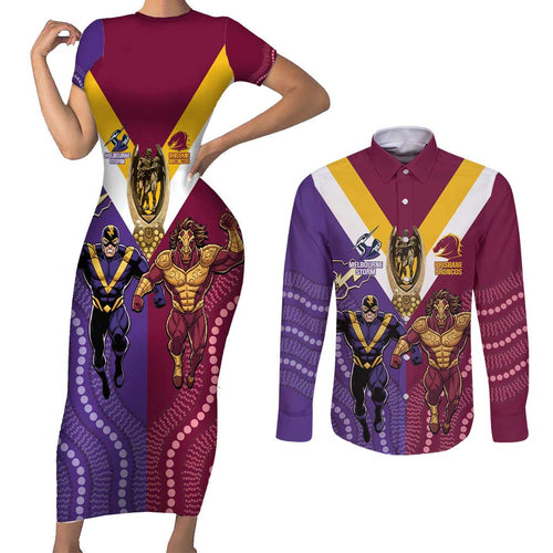 Storm And Broncos Rugby Custom Couples Matching Short Sleeve Bodycon Dress and Long Sleeve Button Shirt Melbourne Brisbane Final Together Mascots Style - Aussie Hoodie