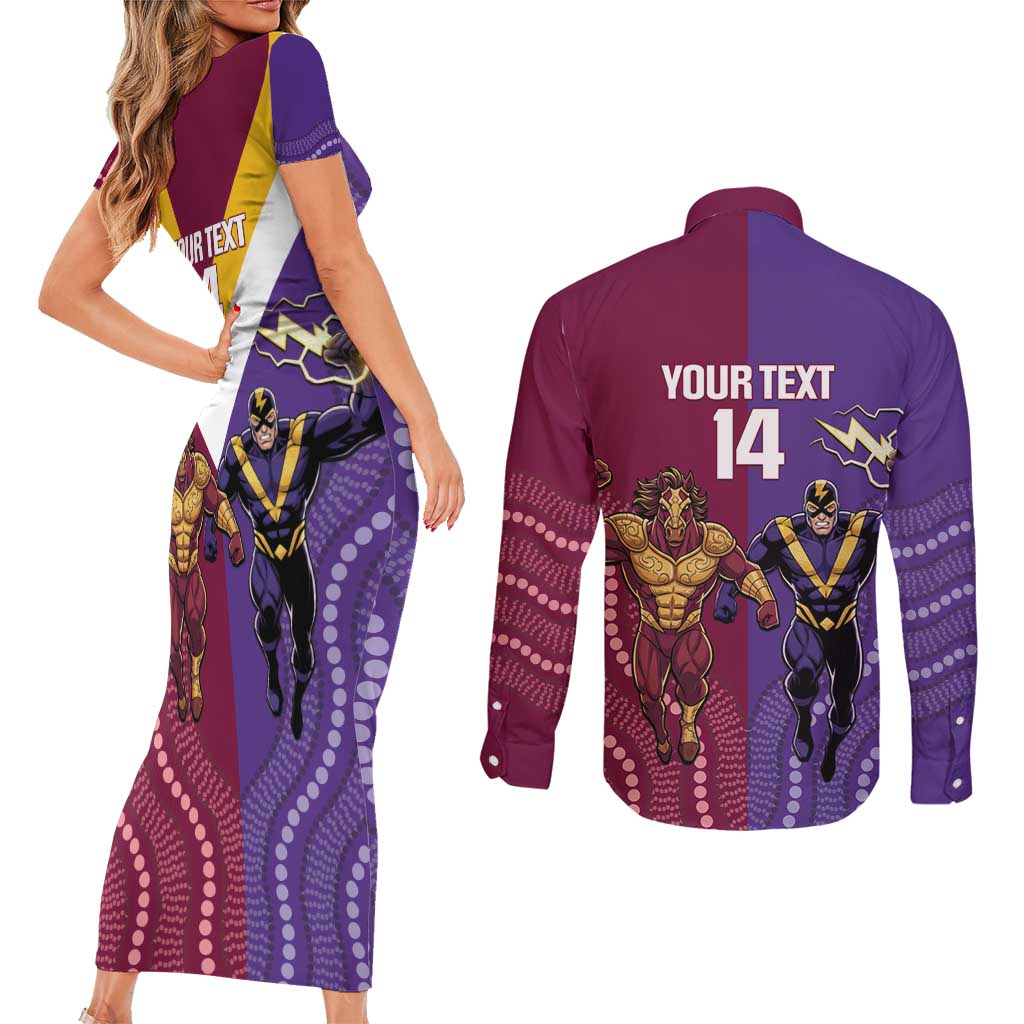 Storm And Broncos Rugby Custom Couples Matching Short Sleeve Bodycon Dress and Long Sleeve Button Shirt Melbourne Brisbane Final Together Mascots Style - Aussie Hoodie