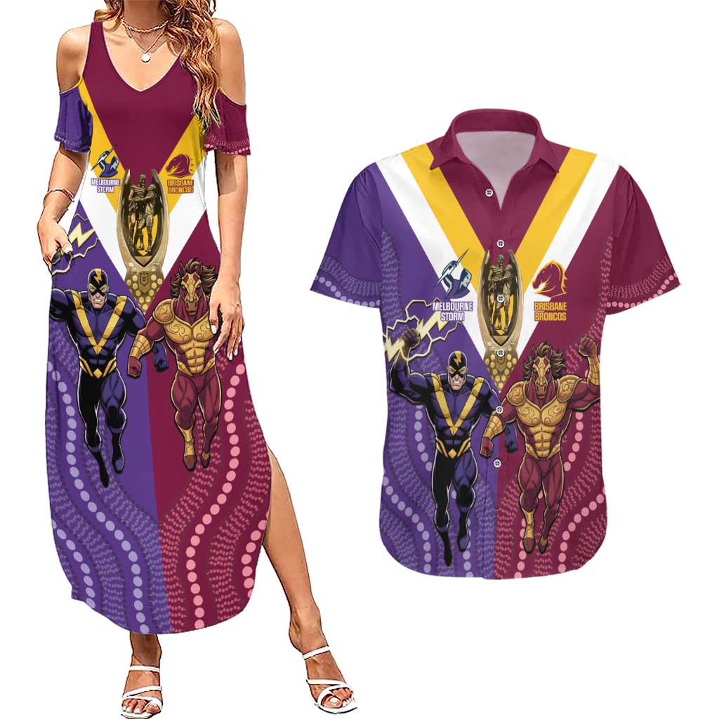 Storm And Broncos Rugby Custom Couples Matching Summer Maxi Dress and Hawaiian Shirt Melbourne Brisbane Final Together Mascots Style - Aussie Hoodie