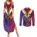 Storm And Broncos Rugby Custom Couples Matching Summer Maxi Dress and Long Sleeve Button Shirt Melbourne Brisbane Final Together Mascots Style - Aussie Hoodie