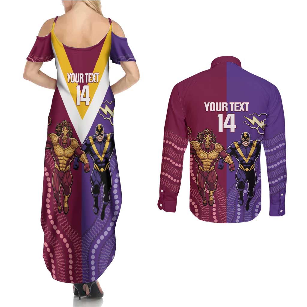 Storm And Broncos Rugby Custom Couples Matching Summer Maxi Dress and Long Sleeve Button Shirt Melbourne Brisbane Final Together Mascots Style - Aussie Hoodie