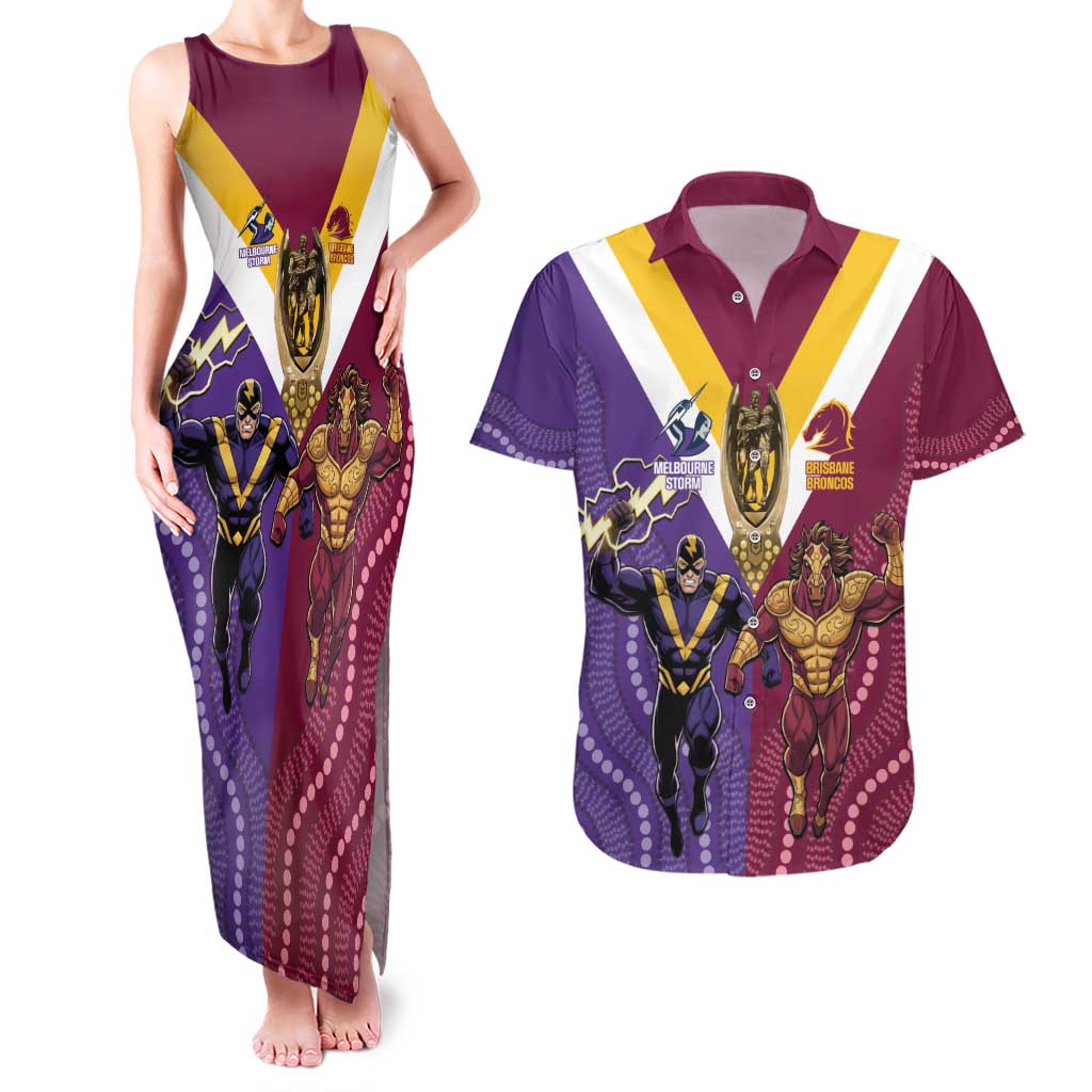 Storm And Broncos Rugby Custom Couples Matching Tank Maxi Dress and Hawaiian Shirt Melbourne Brisbane Final Together Mascots Style - Aussie Hoodie