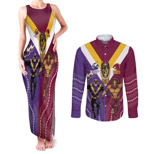 Storm And Broncos Rugby Custom Couples Matching Tank Maxi Dress and Long Sleeve Button Shirt Melbourne Brisbane Final Together Mascots Style - Aussie Hoodie