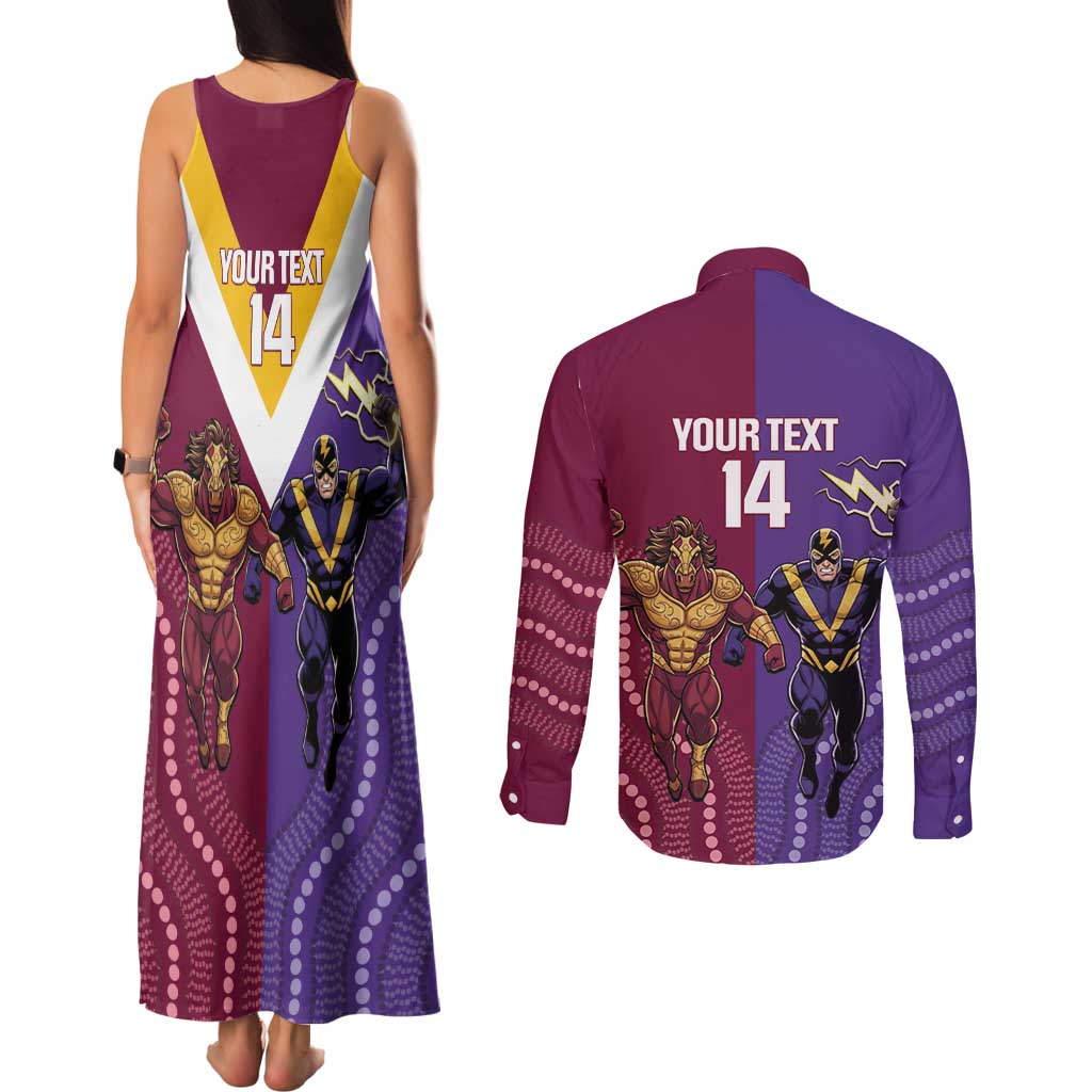 Storm And Broncos Rugby Custom Couples Matching Tank Maxi Dress and Long Sleeve Button Shirt Melbourne Brisbane Final Together Mascots Style - Aussie Hoodie