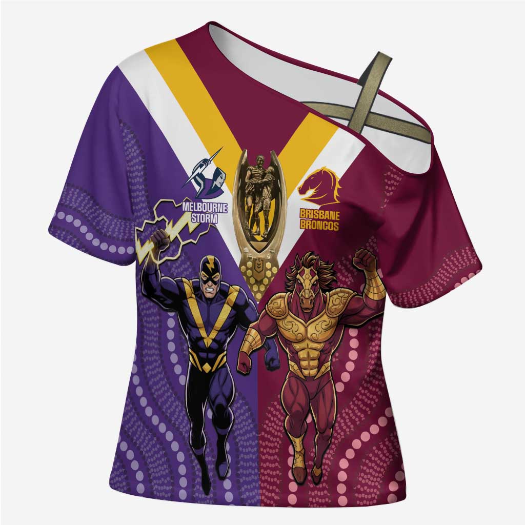 Storm And Broncos Rugby Custom Cross Shoulder Shirt Melbourne Brisbane Final Together Mascots Style - Aussie Hoodie
