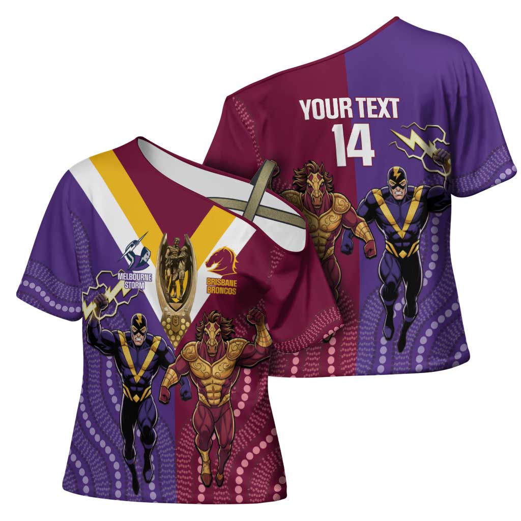 Storm And Broncos Rugby Custom Cross Shoulder Shirt Melbourne Brisbane Final Together Mascots Style - Aussie Hoodie