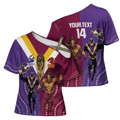 Storm And Broncos Rugby Custom Cross Shoulder Shirt Melbourne Brisbane Final Together Mascots Style - Aussie Hoodie