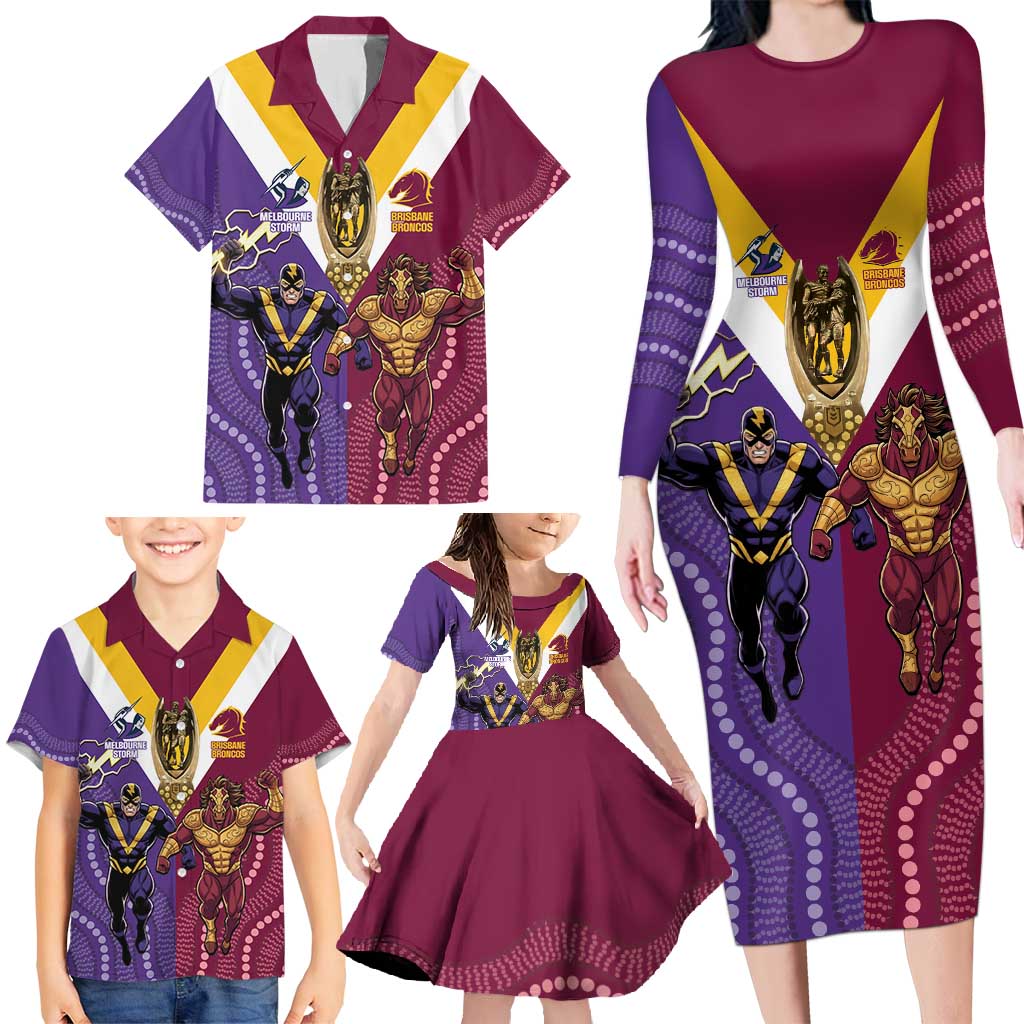 Storm And Broncos Rugby Custom Family Matching Long Sleeve Bodycon Dress and Hawaiian Shirt Melbourne Brisbane Final Together Mascots Style - Aussie Hoodie
