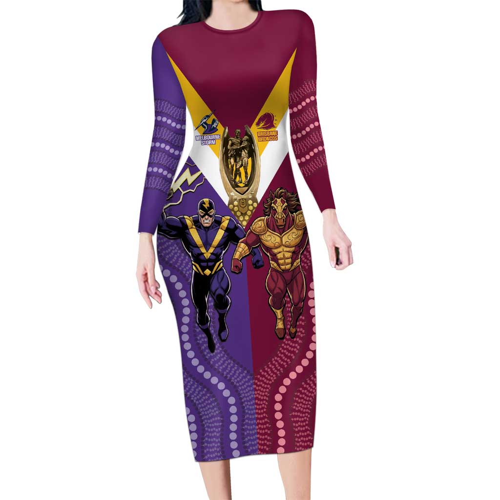 Storm And Broncos Rugby Custom Family Matching Long Sleeve Bodycon Dress and Hawaiian Shirt Melbourne Brisbane Final Together Mascots Style - Aussie Hoodie