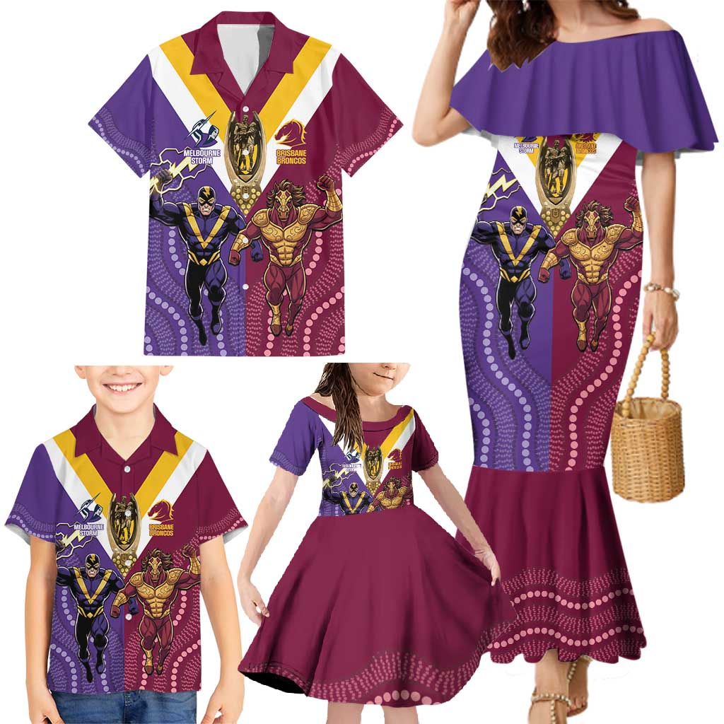 Storm And Broncos Rugby Custom Family Matching Mermaid Dress and Hawaiian Shirt Melbourne Brisbane Final Together Mascots Style - Aussie Hoodie