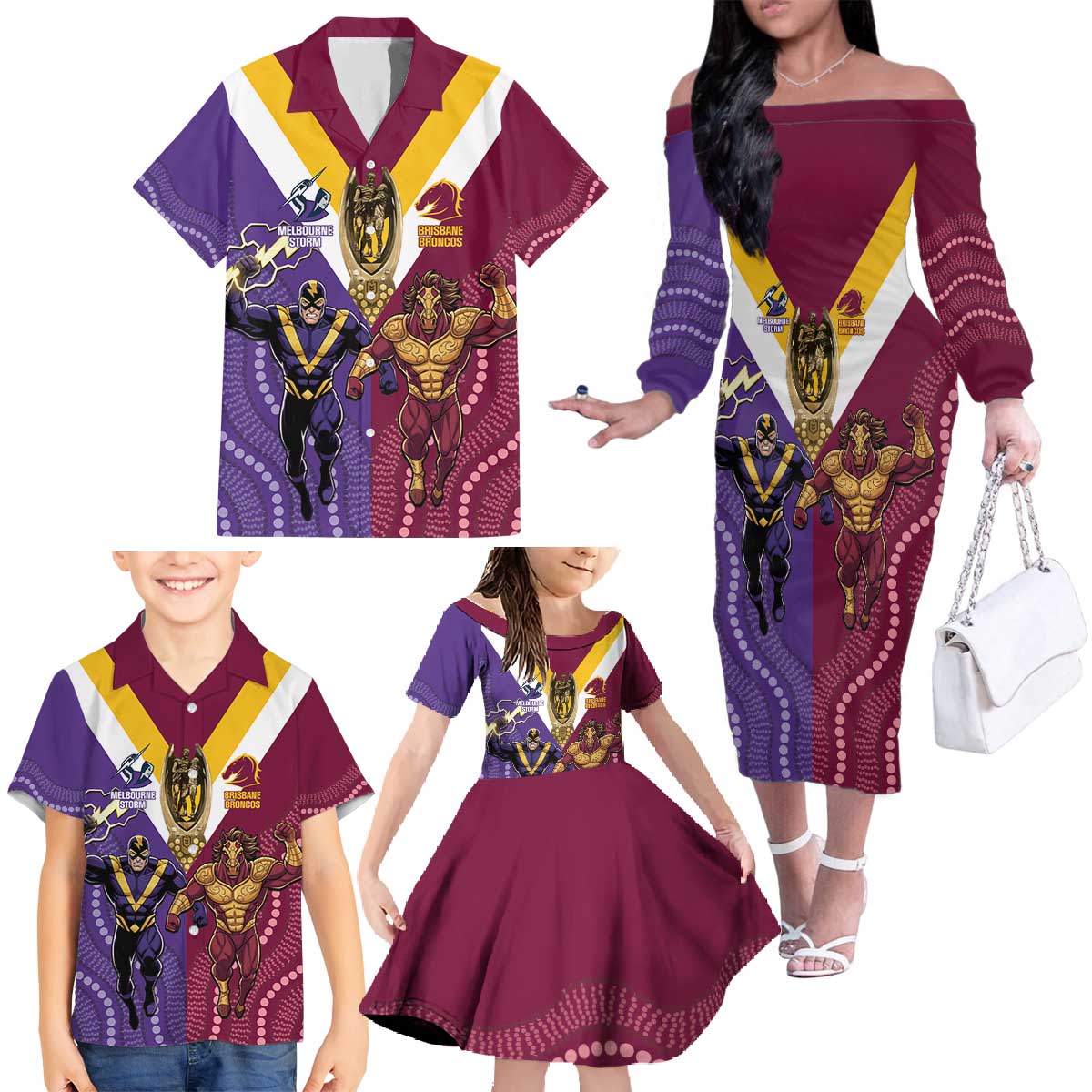 Storm And Broncos Rugby Custom Family Matching Off The Shoulder Long Sleeve Dress and Hawaiian Shirt Melbourne Brisbane Final Together Mascots Style - Aussie Hoodie