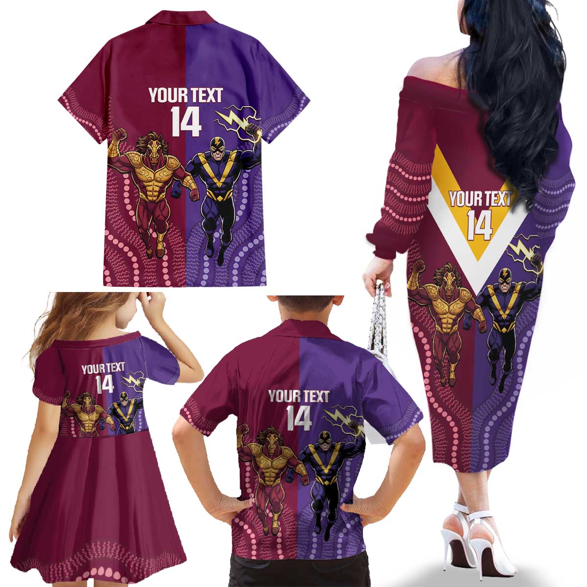 Storm And Broncos Rugby Custom Family Matching Off The Shoulder Long Sleeve Dress and Hawaiian Shirt Melbourne Brisbane Final Together Mascots Style - Aussie Hoodie