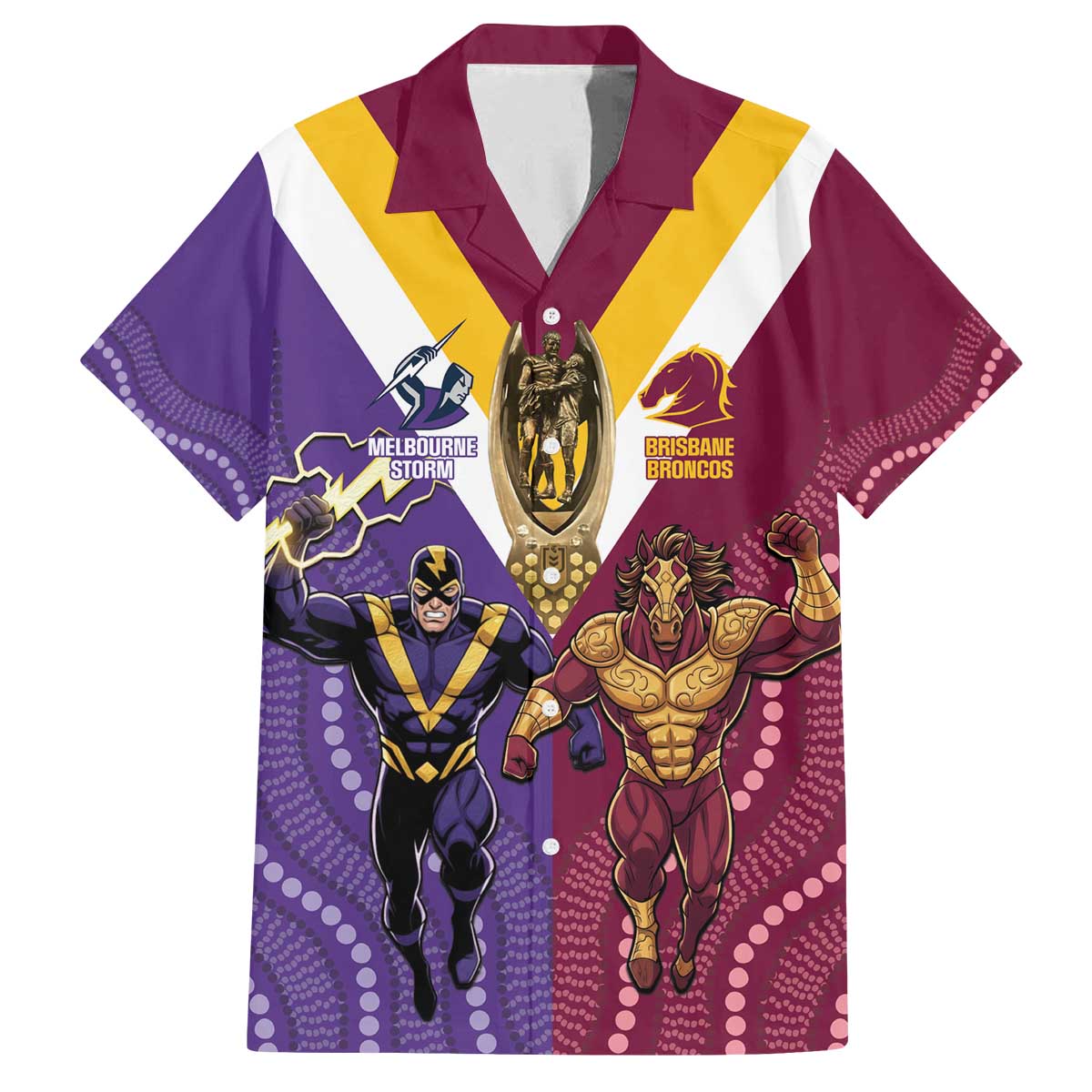 Storm And Broncos Rugby Custom Family Matching Off The Shoulder Long Sleeve Dress and Hawaiian Shirt Melbourne Brisbane Final Together Mascots Style - Aussie Hoodie