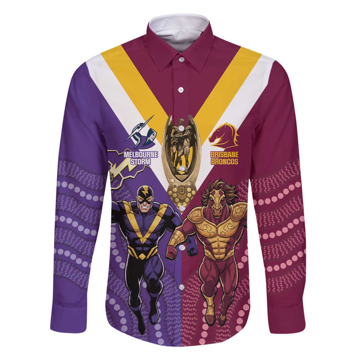 Storm And Broncos Rugby Custom Family Matching Off The Shoulder Long Sleeve Dress and Hawaiian Shirt Melbourne Brisbane Final Together Mascots Style - Aussie Hoodie