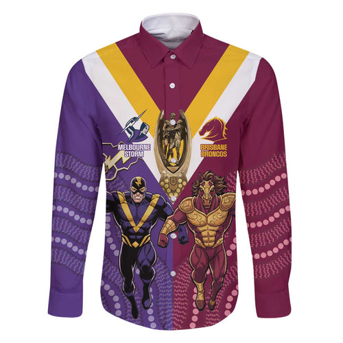 Storm And Broncos Rugby Custom Family Matching Off The Shoulder Long Sleeve Dress and Hawaiian Shirt Melbourne Brisbane Final Together Mascots Style - Aussie Hoodie