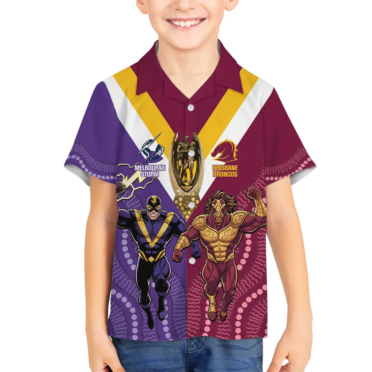 Storm And Broncos Rugby Custom Family Matching Off The Shoulder Long Sleeve Dress and Hawaiian Shirt Melbourne Brisbane Final Together Mascots Style - Aussie Hoodie